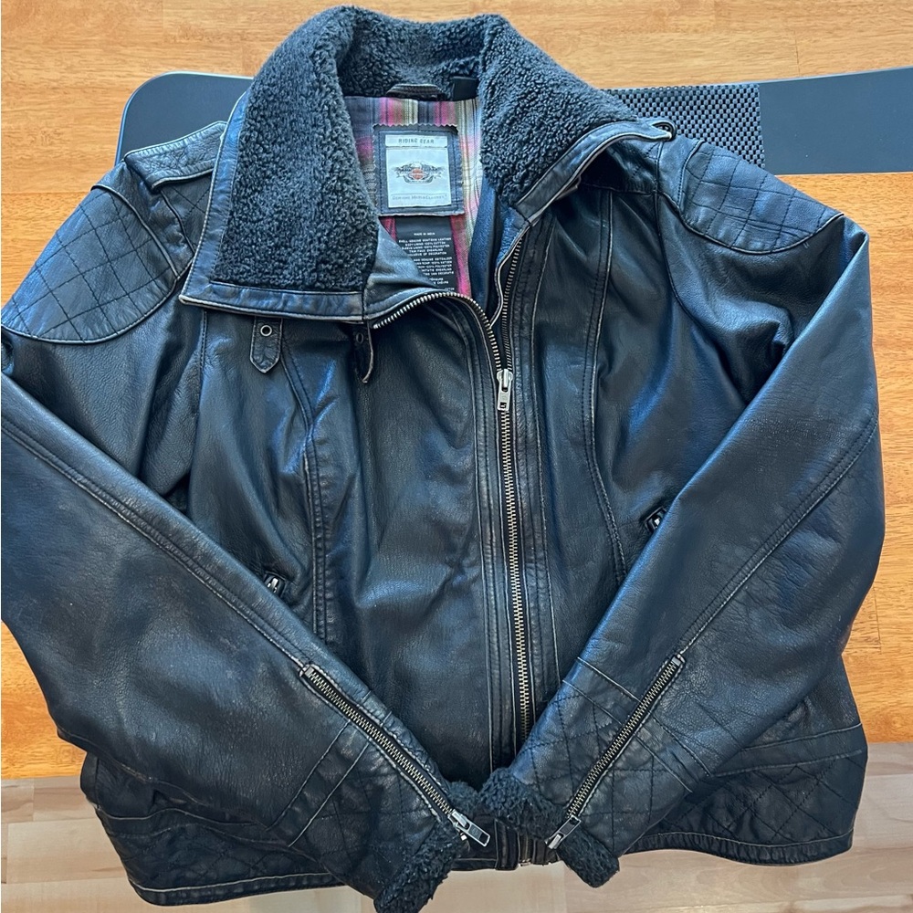 Women’s Harley Davidson Black Goatskin Leather Jacket with Shearling Collar